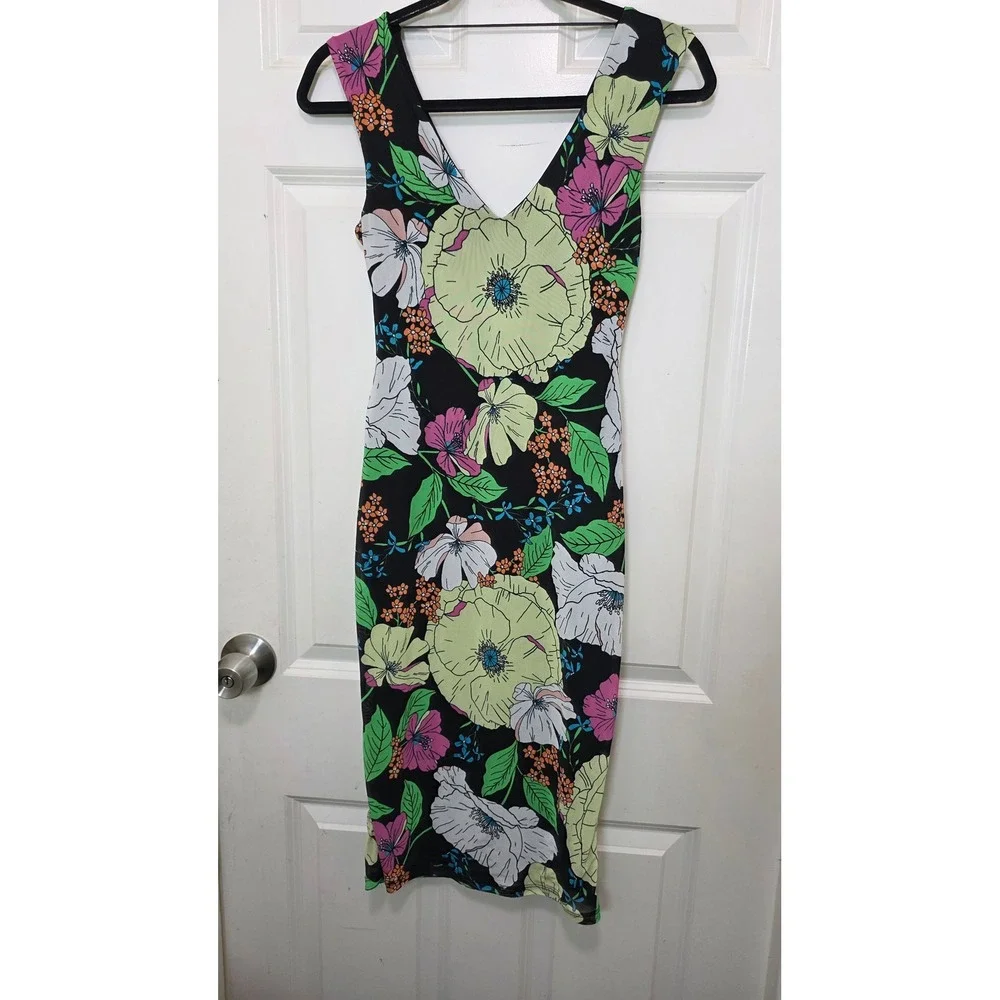 AFRM Floral Midi Dress Womens XS Black Green Pink V-Neck Sheath AED020850 - Picture 7 of 7